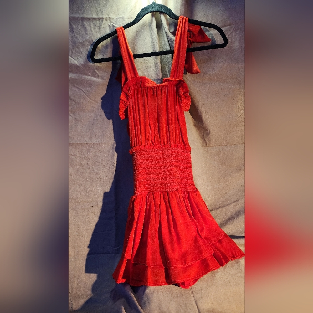 Chelsea and Violet Red satin smocked romper